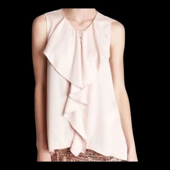 BCBG MAXAZRIA Blush Pink Blouse Steacy Ruffle Zip Front Tank Top Feminine XS - Picture 1 of 16